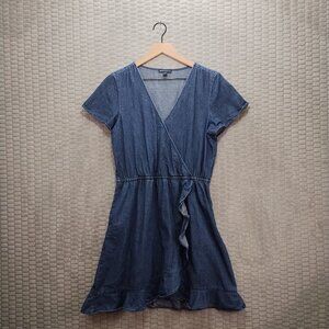 J. Crew Denim Faux Wrap Dress-Knee Length-Dark Wash-Ruffle Trim-100% Cotton-M